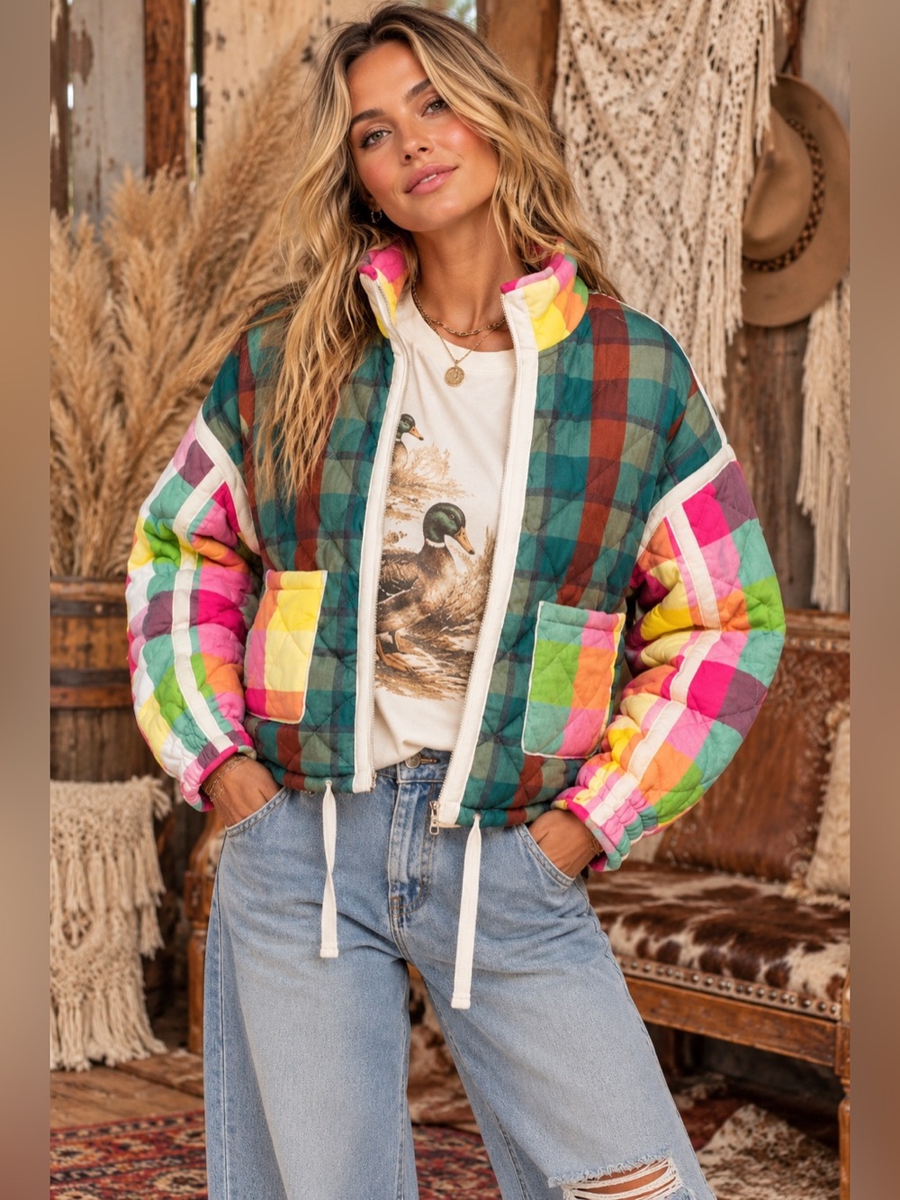 Multi plaid quilted embroidered patchwork puffer zip pocket boho jacket coat